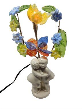 Vintage MCM Richard Singer Boy Girl Ceramic Murano Slag Glass Flower Lamp Works!